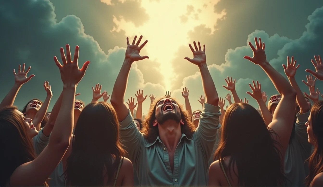 Create a powerful, emotionally charged image of desperate people trying to reach heaven. Show a motley crowd of individuals in a state of anguish and despair, reaching out or attempting to climb toward a bright, ethereal sky. Facial expressions should reflect a mix of hope, panic and determination. Heaven should be portrayed as a distant and unattainable destination, radiating light and a sense of divinity. The scene may include dramatic elements such as turbulent clouds, rays of light, and an environment that suggests an internal conflict or spiritual battle.