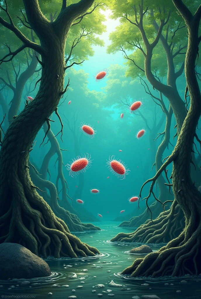  illustration of Ideonella Sakaiensis and Mangrove as one