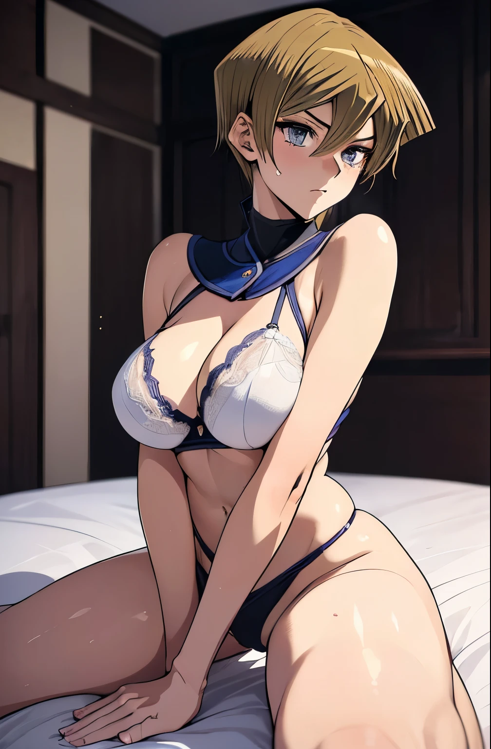 Best Quality,8k,High resolution,masterpiece:1.2), (ultra detailed), (erotic lingerie) (NSFW is not safe for artwork), (Asuka Tenjouin ) (Yu-gi-oh setup), (pose sexual), (realist,photorealist,fotorrealista:1.37), (High DefinitionR,High Definition), (portrait), (vivid colors), (long legs), (clearly elongated face), (broad) (Hermosos detailed eyes), (beautiful detailed lips), (extremely detailed eyes and face), bright eyes Dynamic angle and posture, soaked in sweat, perspiration, undressing (long eyelashes), (sharp focus), (Physically based representation), (unclothed), (big breasts) (open legs), (intense), (expression of intense desire), (Motion blur), (elegant), (slim figure), (anime inspired), (bright lights), (sexual), (contrasting colors), (mysterious atmosphere), (action packed scene), (Unique style), (amazing), (elegant), (evocative), (expressive), (Intriguing atmosphere), (giant breasts:1.2) ((Best Quality)),((Very detailed)),masterpiece,absurdities,detailed face,beautiful face,(detailed eyes, deep eyes),(1 girl),((dynamic pose)), erotic lingerie