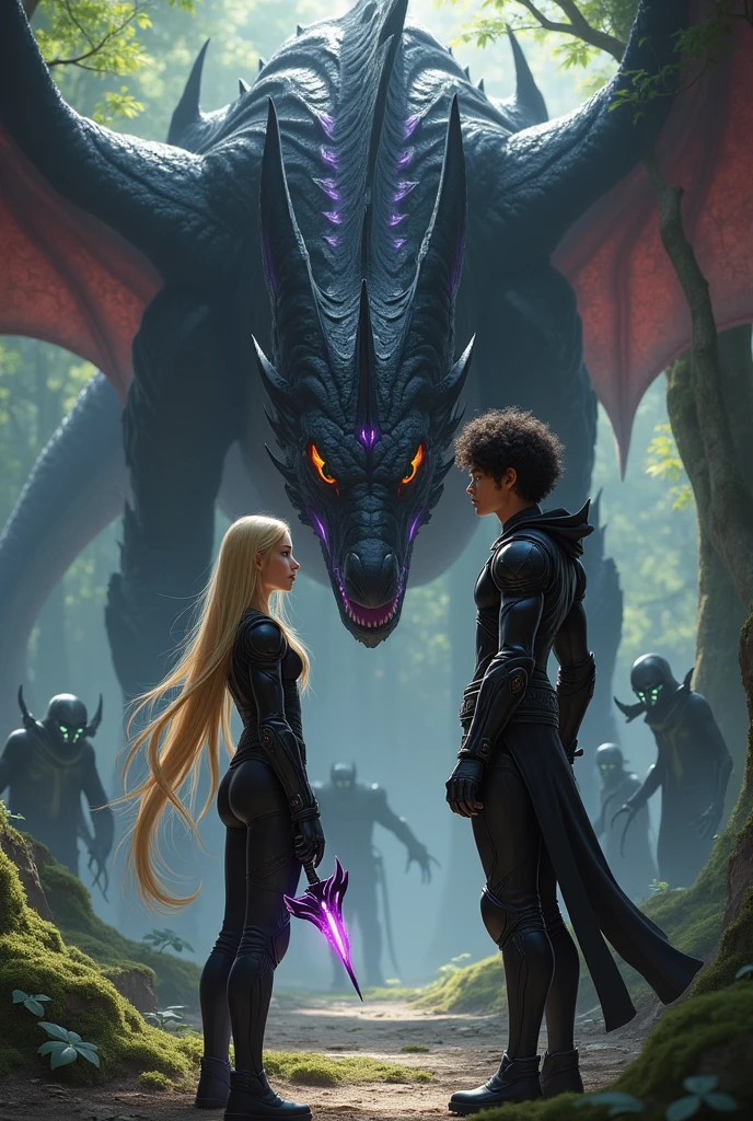 Create the image of a slim blonde girl with long straight hair down to her waist dressed in a black leather combat suit and a forest around her with many magical monster figures behind her, At his side a handsome boy with curly black hair, White skin, muscular and wearing a black combat suit with green eyes, taller than the girl, behind the girl a large black dragon with purple and gold covering her, the girl has an axe in one hand, bright black and purple, the girl and the boy look closer, below he says through the shadows