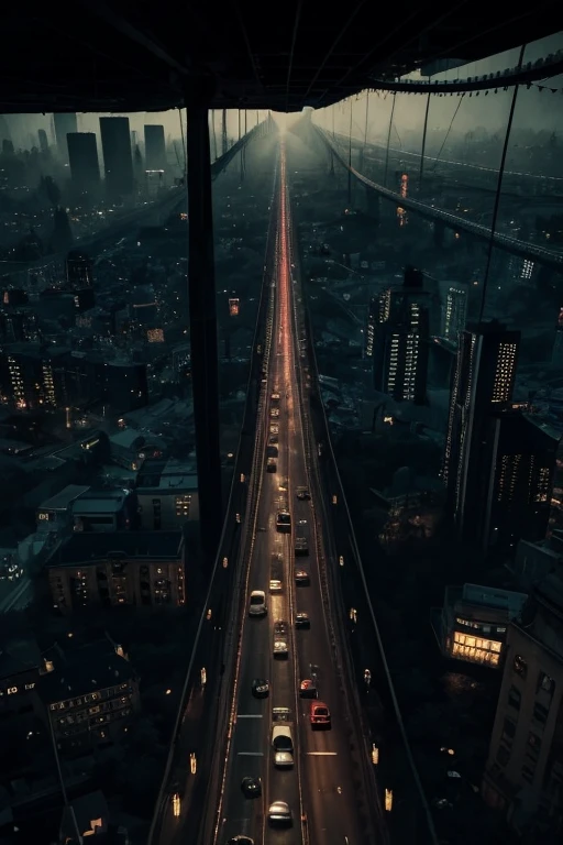 Horror-themed, bridges, highway, interlude, from above, building, scenery, city, cityscape The Matrix Style, Eerie, unsettling, dark, spooky, suspenseful, grim, highly detailed
