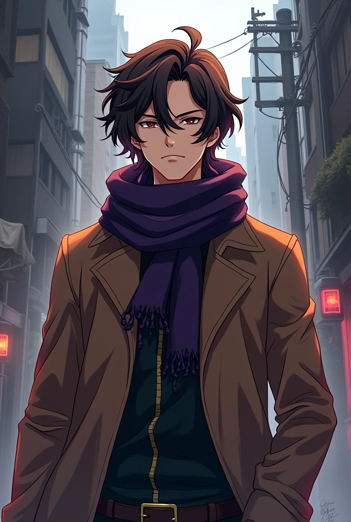 Anime style ,  looking  male rogue ,medium long brown wavy hair ,dark purple teathered scarf ,brown trenchcoat