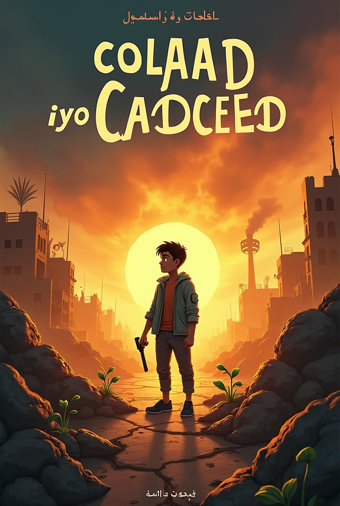Here’s a detailed description of how the cover for your book “Colaad iyo Cadceed” could be designed:

1. Color and Mood:

	•	Dark and Gray Tones: Use dark colors like black, gray, and deep blue in the upper part of the cover to represent the theme of “Colaad” (Conflict). These shades effectively convey the feeling of danger and the devastation of war.
	•	Golden and Orange Tones: For the lower part, use warm colors like gold, yellow, and orange to symbolize the sun and hope. These colors represent light and recovery, which aligns with the theme of “Cadceed” (Sun).

2. Visual Division:

	•	Upper Section - Conflict: The top part of the cover can depict a chaotic scene showing a city in ruins, with smoke and fire filling the sky, and people either fleeing or fighting. You might see dark roads and desolate landscapes, representing a difficult war-torn era.
	•	Lower Section - Hope: In the bottom part, show a bright sunrise emerging from behind the smoky clouds or the ruined city. The scene could include small green plants sprouting from cracked earth, symbolizing life continuing despite hardships.

3. Central Character:

	•	Mohamed: A central image of Mohamed, who is a significant character in your story, can be placed in the middle of the cover, bridging the two contrasting scenes of conflict and hope. He could be depicted holding a cobbler’s tool (like a hammer), symbolizing his work and efforts to rebuild.

4. Title and Tagline Typography:

	•	Book Title: The title “Colaad” could be in a strong, bold font, while “Cadceed” could be in a softer, more flowing script, illustrating the contrast between the two themes. The title should visually connect both the top and bottom parts of the cover.
	•	Tagline: If the book has a tagline or any subtitle, it can be written in a subtle color that blends well with the overall mood of the cover without overpowering the main elements.

5. Additional Ideas:

	•	Hand-Holding Image: You could include an image of hands holding each other,