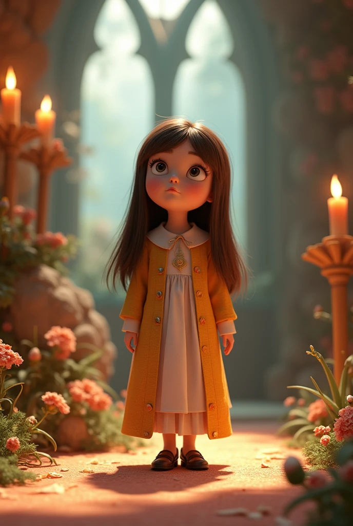 Untitled 3D post inspired by Disney/ Pixar of a young girl , long straight brunette hair, black, Oval face, rented nose, dressed as a church acolyte