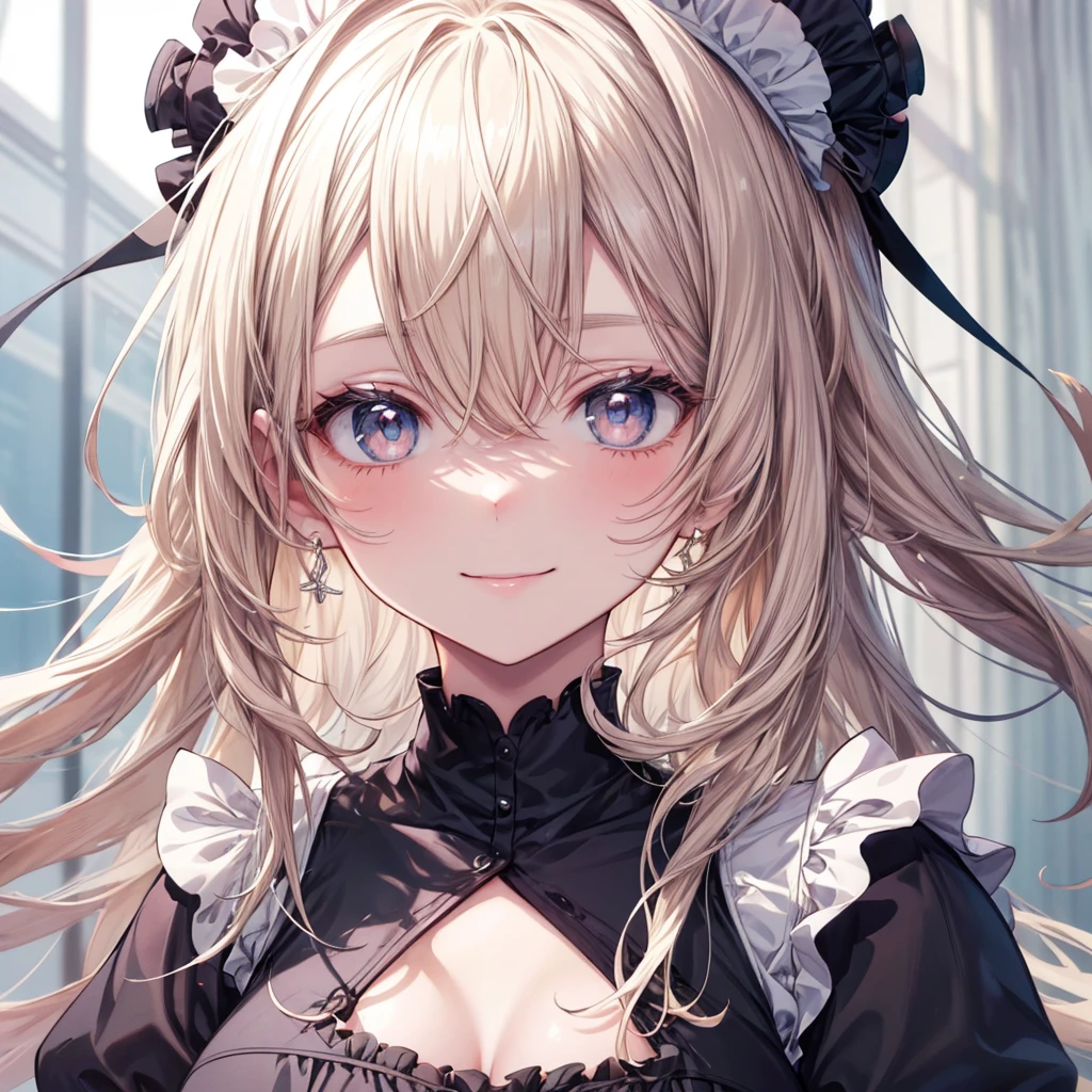 18 year old beautiful girl, Big eyes, Large Breasts, Small and slim, 8k, Highest quality, (Highly detailed head: 1.0), (Highly detailed face: 1.0), (Very fine hair: 1.0), Maid clothes, Highly detailed official artwork, Anime Moe Art Style, Beautiful and detailed anime art, smile, Blonde, sleek long hair
