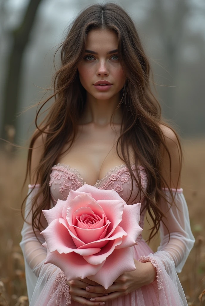 a beautiful young woman in a serene garden, long flowing hair, detailed eyes and face, elegant torn winter dress, exposing her pink wet huge rose like layered pussy.