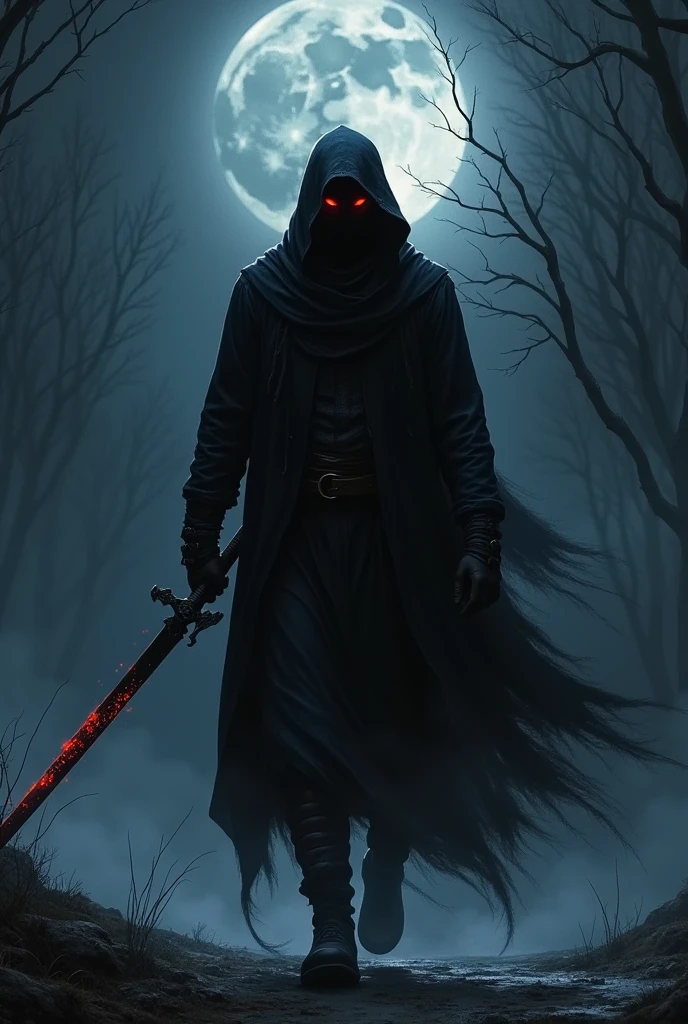 RPG Illustration "On a moonless night, a dark warrior wields a black sword that seems to absorb all the light around him. The blade, shrouded in a dark, billowing mist, is thin and sharp, almost ethereal, as if it were made of As he swings it, the sword leaves a trail of slowly fading shadows. His eyes glow a deep red as he moves silently through the shadows, ready to deliver a blow that pierces flesh and soul. their enemies, ignoring any defense."