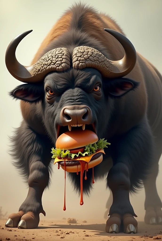design the face of a fierce buffalo biting a burger in the middle of its mouth
