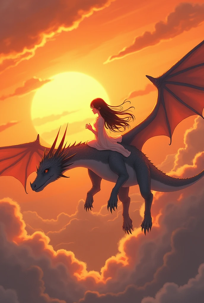 Generate an image, anime style,inspired by the song "Eight" of IU and Suga in which there is a dark-haired woman, riding a tender grey dragon with its wings spread out in front of the orange sun