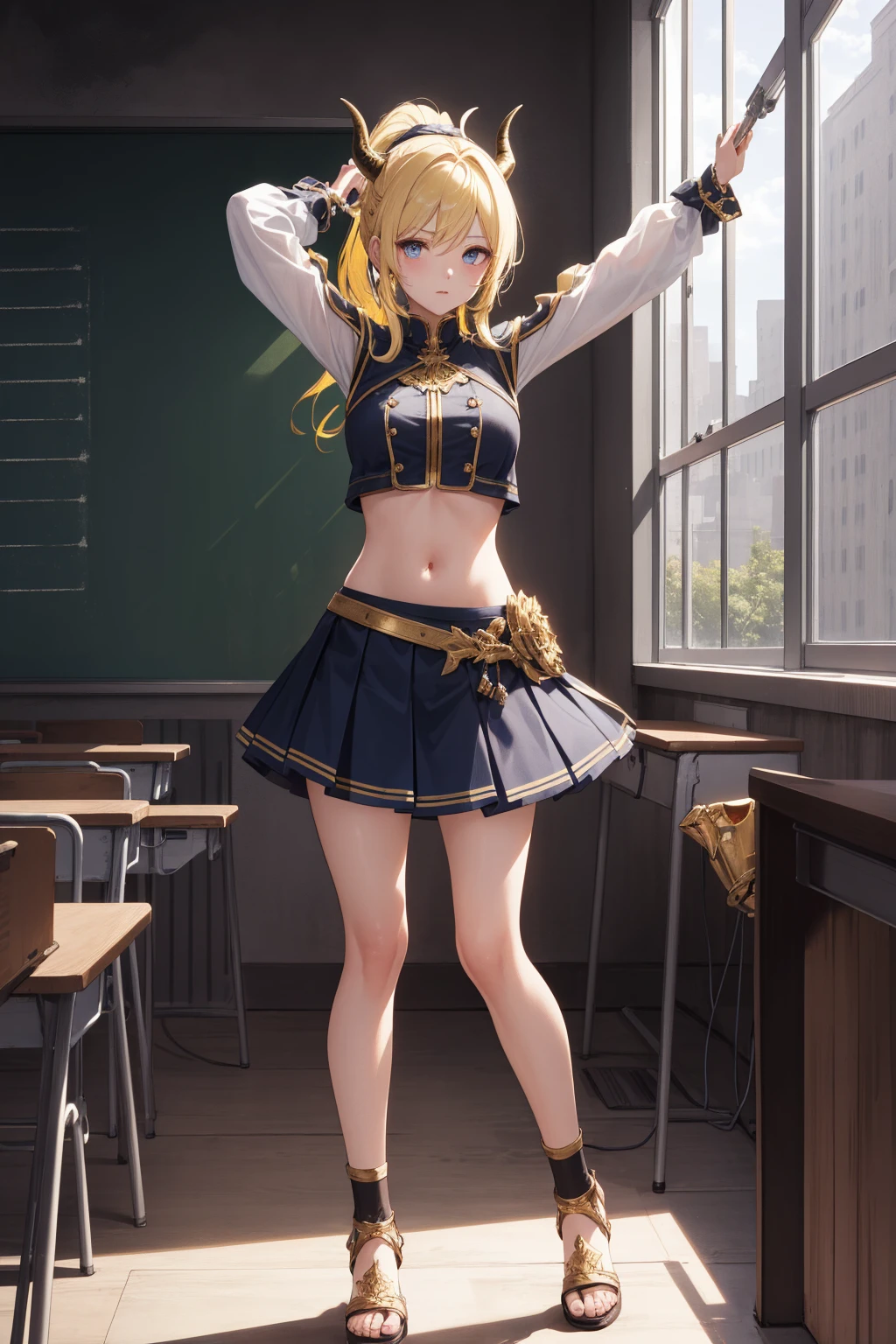 Eliase, catalyst, Yellow Hair, blue eyes, ponytail, Hair Ribbon, Mid-chest,
break blue skirt, Braces, Circlet, Crop top, Dancer, Removable sleeves, fake horn, Gladiator Sandals, Gold Footwear, Gold border, horn,
break looking at viewer,Are standing, Leaning forward, (Put your arms behind your back:1.2),
break indoors, classroom, 
break (masterpiece:1.2), Highest quality, High resolution, unity 8k wallpaper, (figure:0.8), (Beautiful fine details:1.6), Highly detailed face, Perfect lighting, Highly detailed CG, (Perfect hands, Perfect Anatomy),
