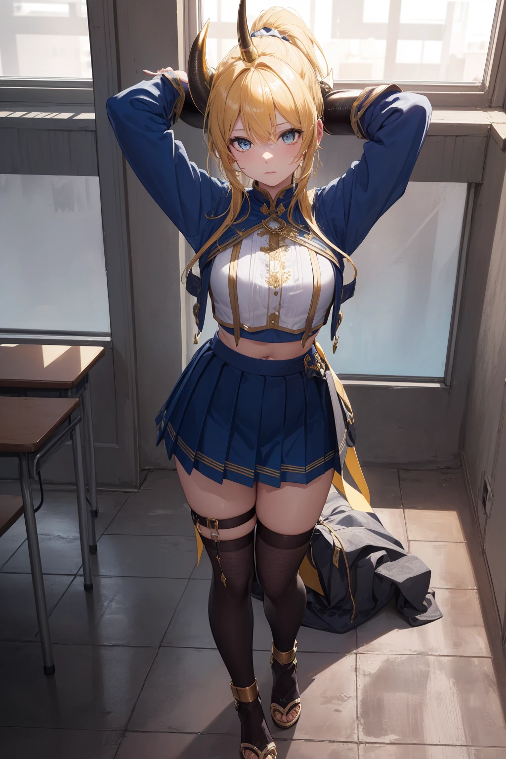 Eliase, catalyst, Yellow Hair, blue eyes, ponytail, Hair Ribbon, Mid-chest,
break blue skirt, Braces, Circlet, Crop top, Dancer, Removable sleeves, fake horn, Gladiator Sandals, Gold Footwear, Gold border, horn,
break looking at viewer,Are standing, Leaning forward, (Put your arms behind your back:1.2),
break indoors, classroom,
break (masterpiece:1.2), Highest quality, High resolution, unity 8k wallpaper, (figure:0.8), (Beautiful fine details:1.6), Highly detailed face, Perfect lighting, Highly detailed CG, (Perfect hands, Perfect Anatomy),
