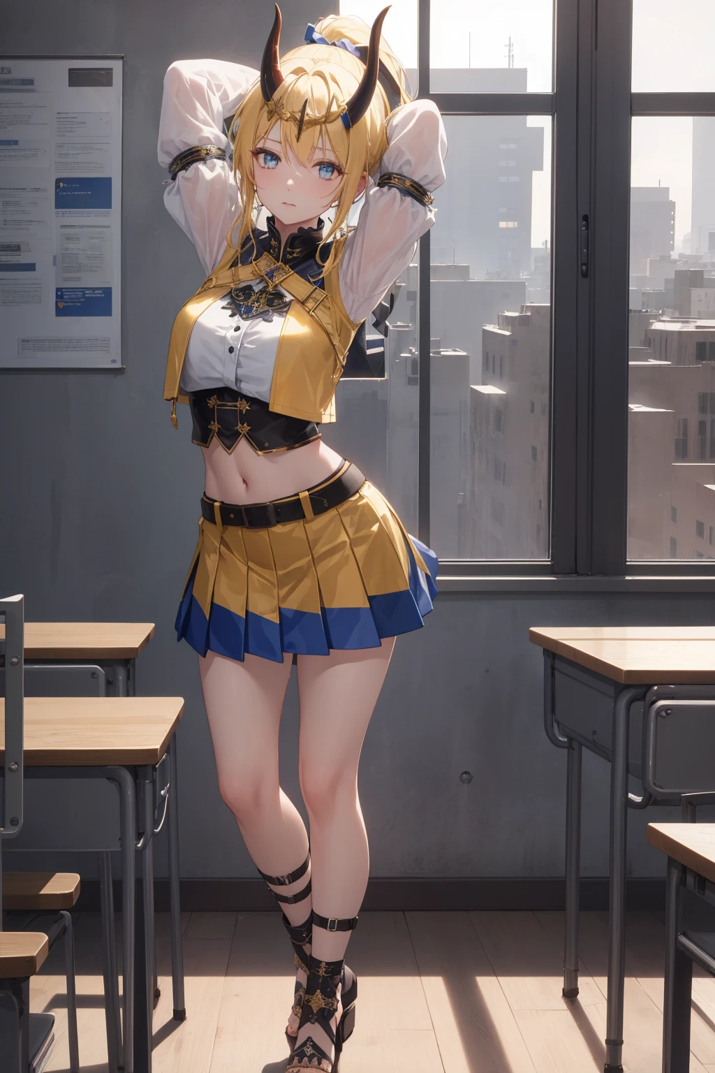 Eliase, catalyst, Yellow Hair, blue eyes, ponytail, Hair Ribbon, Mid-chest,
break blue skirt, Braces, Circlet, Crop top, Dancer, Removable sleeves, fake horn, Gladiator Sandals, Gold Footwear, Gold border, horn,
break looking at viewer,Are standing, Leaning forward, (Put your arms behind your back:1.2),
break indoors, classroom, 
break (masterpiece:1.2), Highest quality, High resolution, unity 8k wallpaper, (figure:0.8), (Beautiful fine details:1.6), Highly detailed face, Perfect lighting, Highly detailed CG, (Perfect hands, Perfect Anatomy),