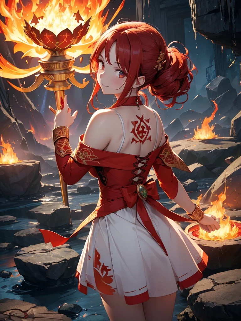 (((best quality, sharp image, clear image, cinematic lighting, 8k resolution, masterpiece, ultra detailed, intricate))) Girl, (((looking over shoulder))), shot from behind, ((half shot)), fire mage, cute, fiery red hair, pigtails in hair, (intricate dress), (white dress), ribbons in hair, smiling, fiery red, ((intricate Portal background)), ((fire magic)), candles, ((glowing runes on skin)), (flame patterns), ((fiery lotus flowers)), busy background., ((fire sigils)), (rock formations), Exploding rock, lavafalls, gauntlets, ((Red rubies)), busy background.