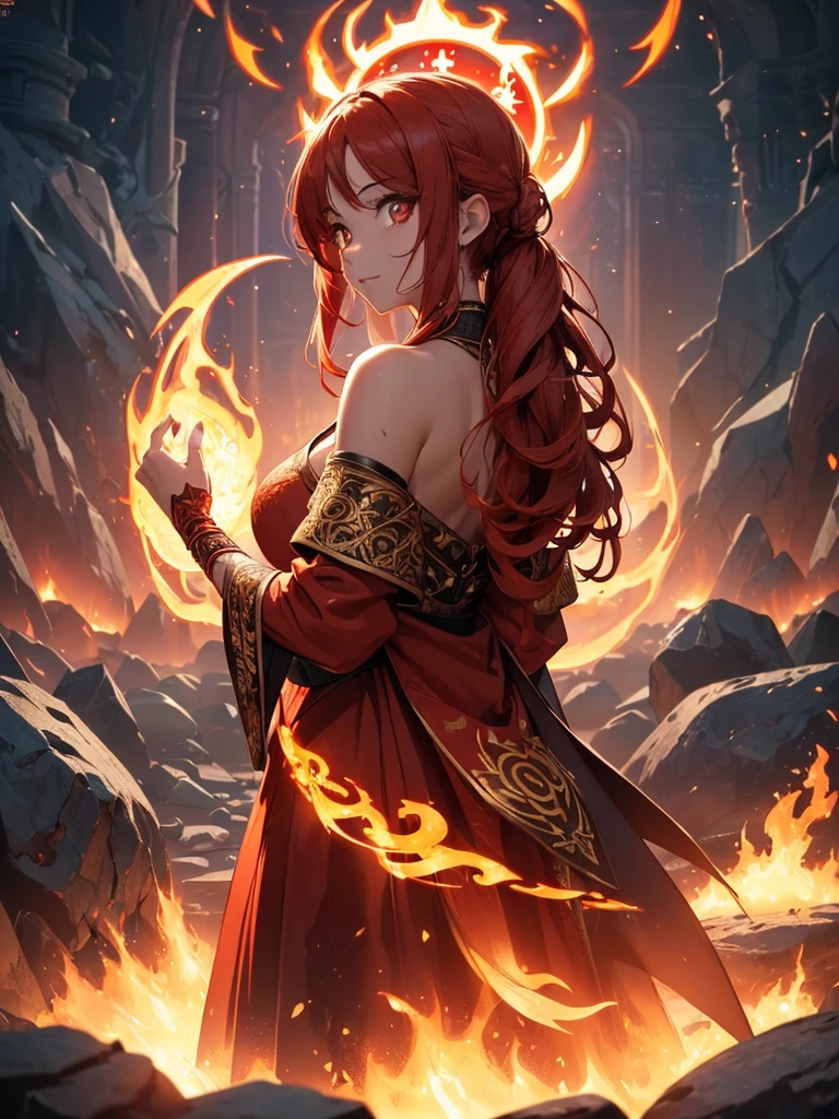(((best quality, sharp image, clear image, cinematic lighting, 8k resolution, masterpiece, ultra detailed, intricate))) Girl, (((looking over shoulder))), shot from behind, ((half shot)), fire mage, cute, fiery red hair, pigtails in hair, (intricate dress), (white dress), ribbons in hair, smiling, fiery red, ((intricate Portal background)), ((fire magic)), candles, ((glowing runes on skin)), (flame patterns), ((fiery lotus flowers)), busy background., ((fire sigils)), (rock formations), Exploding rock, lavafalls, gauntlets, ((Red rubies)), busy background.