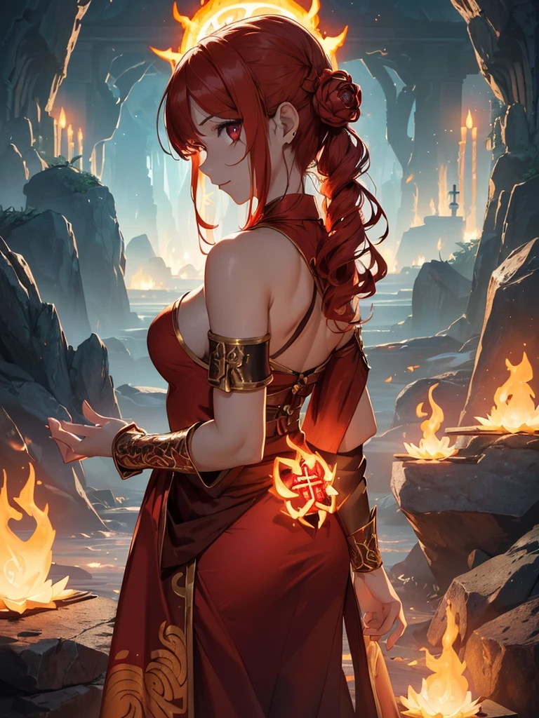 (((best quality, sharp image, clear image, cinematic lighting, 8k resolution, masterpiece, ultra detailed, intricate))) Girl, (((looking over shoulder))), shot from behind, ((half shot)), fire mage, cute, fiery red hair, pigtails in hair, (intricate dress), (white dress), ribbons in hair, smiling, fiery red, ((intricate Portal background)), ((fire magic)), candles, ((glowing runes on skin)), (flame patterns), ((fiery lotus flowers)), busy background., ((fire sigils)), (rock formations), Exploding rock, lavafalls, gauntlets, ((Red rubies)), busy background.