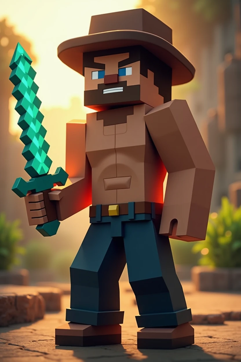 A Minecraft character standing Without a shirt or t-shirt holding a diamond sword. A hat on his head. Wearing a black color pant with a nice shoe. Beautiful bright light. Minecraft character Close view
