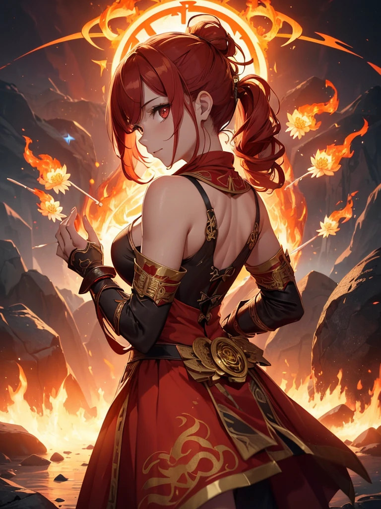 (((best quality, sharp image, clear image, cinematic lighting, 8k resolution, masterpiece, ultra detailed, intricate))) Girl, (((looking over shoulder))), shot from behind, ((half shot)), fire mage, cute, fiery red hair, pigtails in hair, (intricate dress), (white dress), ribbons in hair, smiling, fiery red, ((intricate Portal background)), ((fire magic)), candles, ((glowing runes on skin)), (flame patterns), ((fiery lotus flowers)), busy background., ((fire sigils)), (rock formations), Exploding rock, lavafalls, gauntlets, ((Red rubies)), busy background.