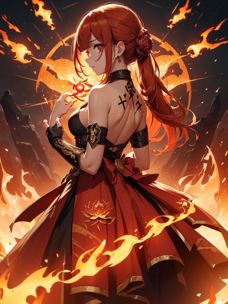 (((best quality, sharp image, clear image, cinematic lighting, 8k resolution, masterpiece, ultra detailed, intricate))) Girl, (((looking over shoulder))), shot from behind, ((half shot)), fire mage, cute, fiery red hair, pigtails in hair, (intricate dress), (white dress), ribbons in hair, smiling, fiery red, ((intricate Portal background)), ((fire magic)), candles, ((glowing runes on skin)), (flame patterns), ((fiery lotus flowers)), busy background., ((fire sigils)), (rock formations), Exploding rock, lavafalls, gauntlets, ((Red rubies)), busy background.