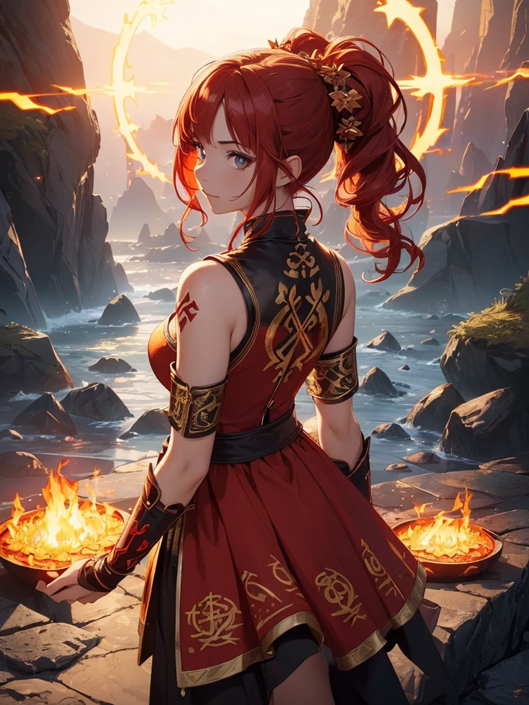 (((best quality, sharp image, clear image, cinematic lighting, 8k resolution, masterpiece, ultra detailed, intricate))) Girl, (((looking over shoulder))), shot from behind, ((half shot)), fire mage, cute, fiery red hair, pigtails in hair, (intricate dress), (white dress), ribbons in hair, smiling, fiery red, ((intricate Portal background)), ((fire magic)), candles, ((glowing runes on skin)), (flame patterns), ((fiery lotus flowers)), busy background., ((fire sigils)), (rock formations), Exploding rock, lavafalls, gauntlets, ((Red rubies)), busy background.