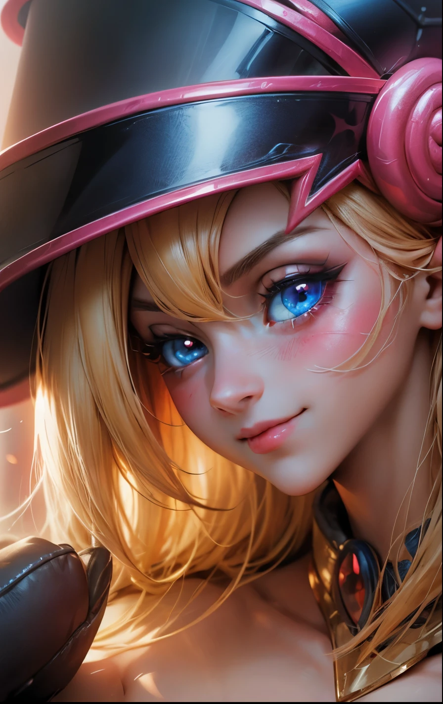 Create the beautiful face of dark magician gils. blue eyes. Glass eyes, long and thick eyelashes, pink lips. Tez blanca. blond hair. Tender girl smile. dark wizard gils