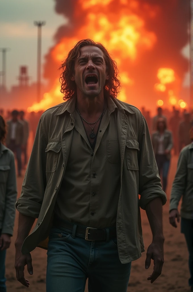 Image of a zombie apocalypse movie where the male protagonist looks exhausted but triumphant
