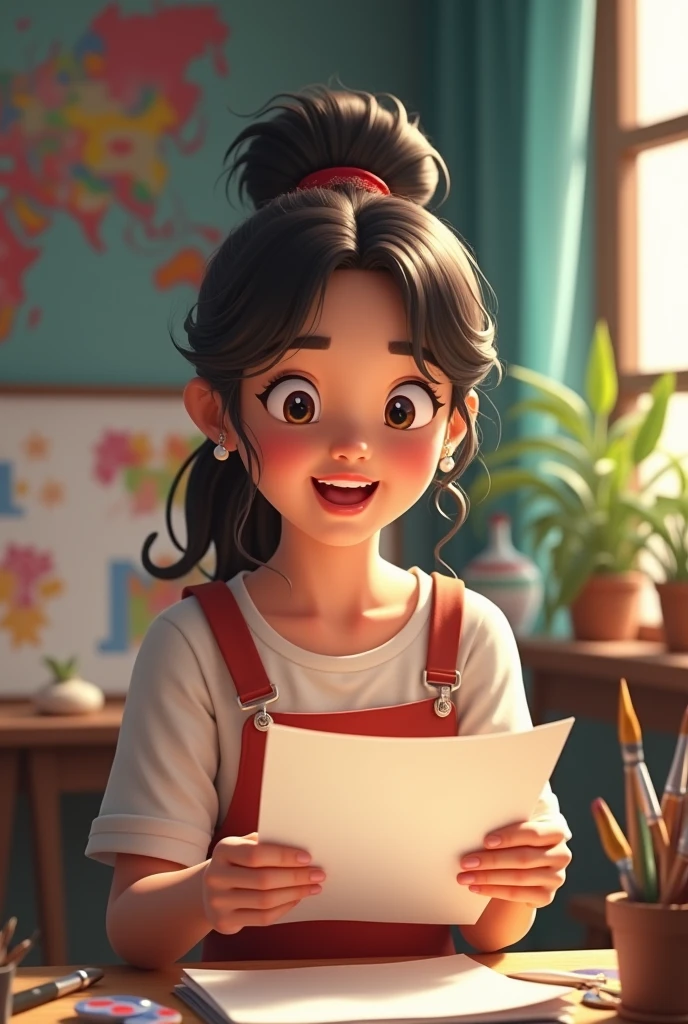 Mousumi receiving the news about the wall painting project. The scene shows her excitedly reading a letter or an email, with her eyes wide and a big smile on her face. The background can include her art studio or a space with her painting supplies.