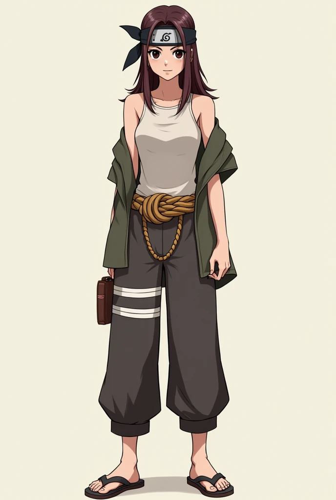 Une jeune femme dans le style de naruto. 
Elle porte un bandana, laissant voir ses cheveux longs et bruns. Elle porte aussi un chignon au dessus de la tête. Et quelque mèche passe en dessous de son bandana et tombe sur son front. 
Ses yeux sont noirs et fatigués et elle a un trou visible dans l'un de ses sourcils.
Son haut consiste en des bandages en guise de débardeur avec un kimono court à manches courtes qui s'arrête au niveau de ses coudes, ouvert et qui tombe de l'une de ses épaules. 
Autour de sa taille, elle a une ceinture faite d'une grosse corde nouée.
Elle porte un pantalon large et des sandales/tongs japonaises. Je veux voir le résultat de la tête au pieds.("tongs").