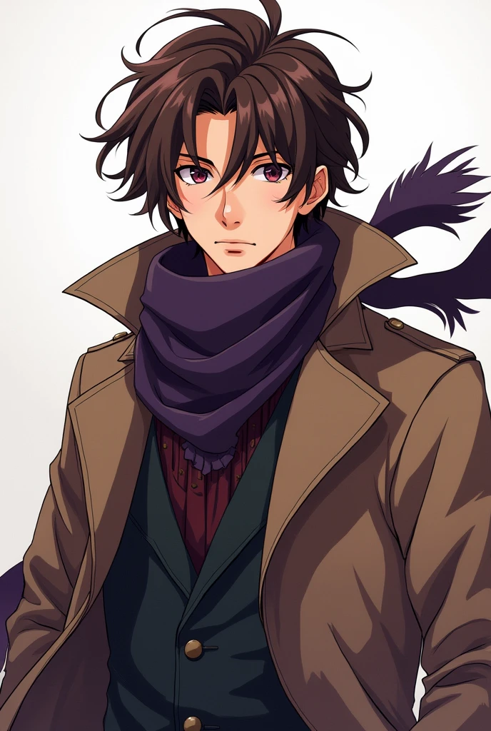 Anime style , looking male rogue ,medium long brown wavy hair ,dark purple teathered scarf ,brown trenchcoat