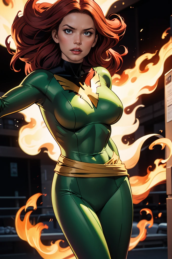A stunningly fierce and powerful Jean Grey from the X-Men, wearing her iconic Phoenix costume, with vibrant colors, a detailed and intense expression, long flowing red hair, and powerful burning flames emanating from her body, showcasing her incredible telekinetic abilities in an emotional and dramatic battle scene, all rendered in the best quality, high resolution, highlighted outline, comic book style, wide screen format, with contrast adjusted, HDR, crisp details, and energetic lighting, featuring a voluptuous and sexy physique.
