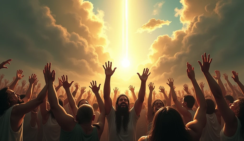 Create a powerful, emotionally charged image of desperate people trying to reach heaven. Show a motley crowd of individuals in a state of anguish and despair, reaching out or attempting to climb toward a bright, ethereal sky. Facial expressions should reflect a mix of hope, panic and determination. Heaven should be portrayed as a distant and unattainable destination, radiating light and a sense of divinity. The scene may include dramatic elements such as turbulent clouds, rays of light, and an environment that suggests an internal conflict or spiritual battle.