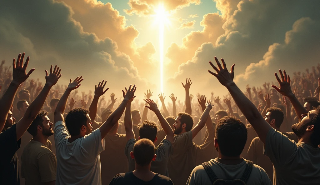 Create a powerful, emotionally charged image of desperate people trying to reach heaven. Show a motley crowd of individuals in a state of anguish and despair, reaching out or attempting to climb toward a bright, ethereal sky. Facial expressions should reflect a mix of hope, panic and determination. Heaven should be portrayed as a distant and unattainable destination, radiating light and a sense of divinity. The scene may include dramatic elements such as turbulent clouds, rays of light, and an environment that suggests an internal conflict or spiritual battle.
