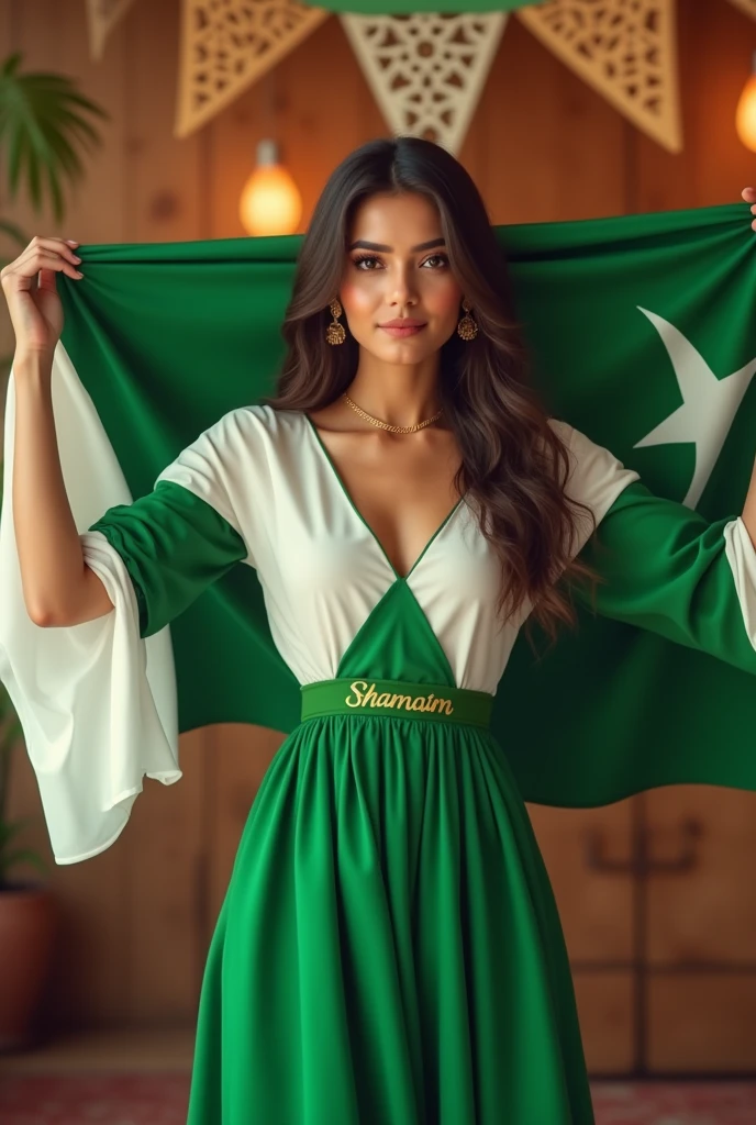 Create a profile picture with smart girl she's were a drss green and white and in hand Pakistani falg and write tha name in dress in front (Shamaim) ..or background happy independence day