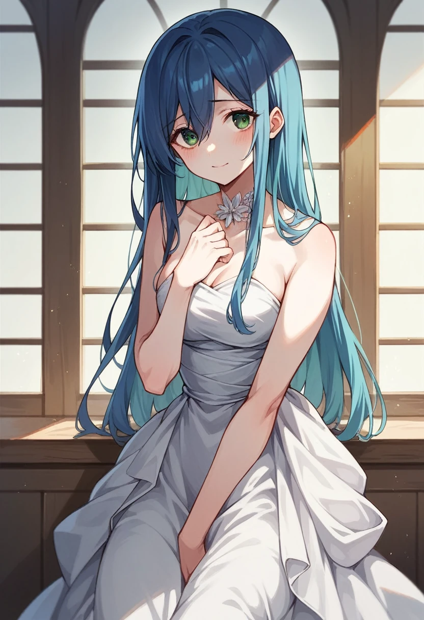  akane kurokawa. alone girl. cute smile. shy. Evening dress. white skin. long hair. blue hair. green eyes.