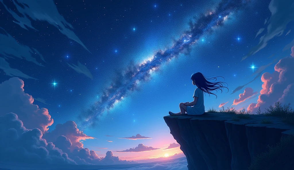 (masterpiece, best quality: 1.2), Girl with blue hair, sitting on a cliff, looking up at the sky, galaxy in background, at night, 