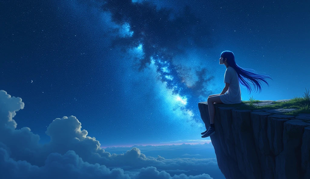(masterpiece, best quality: 1.2), Girl with blue hair, sitting on a cliff, looking up at the sky, galaxy in background, at night,