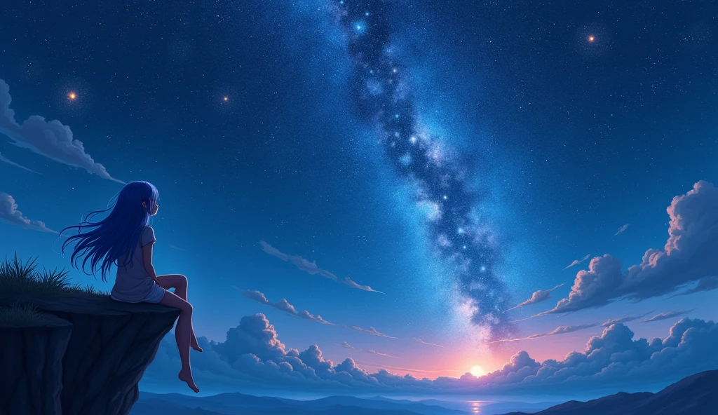 (masterpiece, best quality: 1.2), Girl with blue hair, sitting on a cliff, looking up at the sky, galaxy in background, at night, 