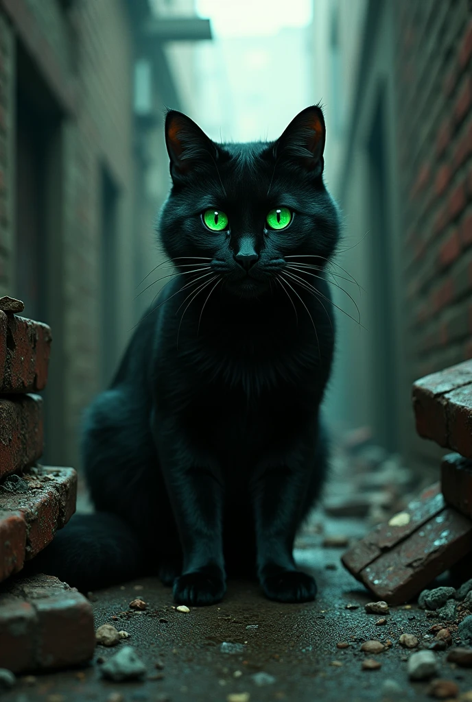 black cat with green eyes cornered in dead end