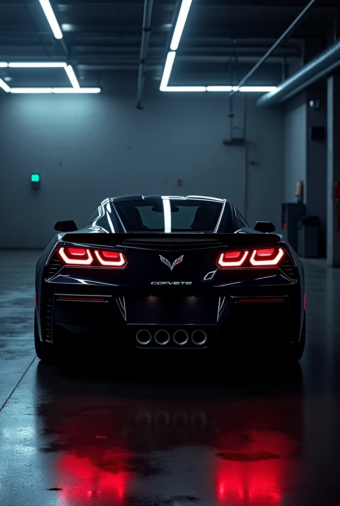 Make a black 2015 corvette rear end in a dark garage with white neon led, showing the entire rear 
