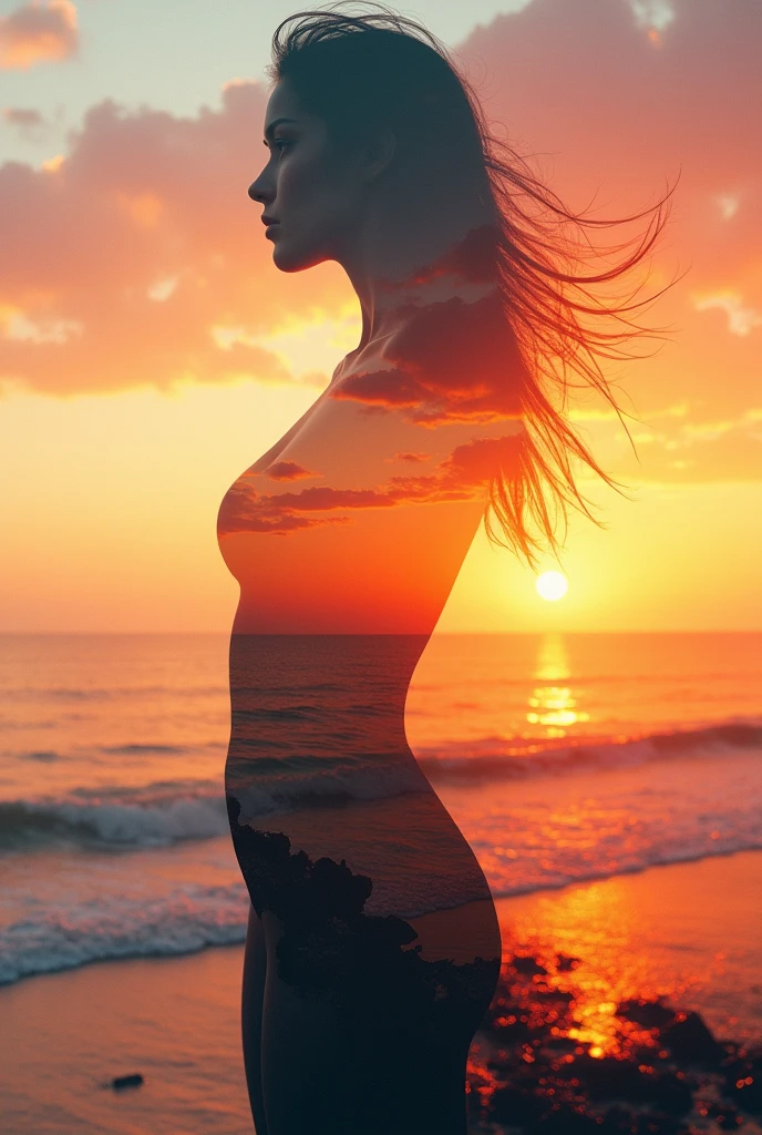 high quality、8K Ultra HD、女神のシルエットとサンセットコーストを組み合わせた美しいDouble Exposure、The Sunset Coast serves as a backdrop.、The details are captured by the Goddess、Crisp lines、The background is monochrome、Sharp focus、Double Exposure、By yukisakura、Amazing full color。Cinema style