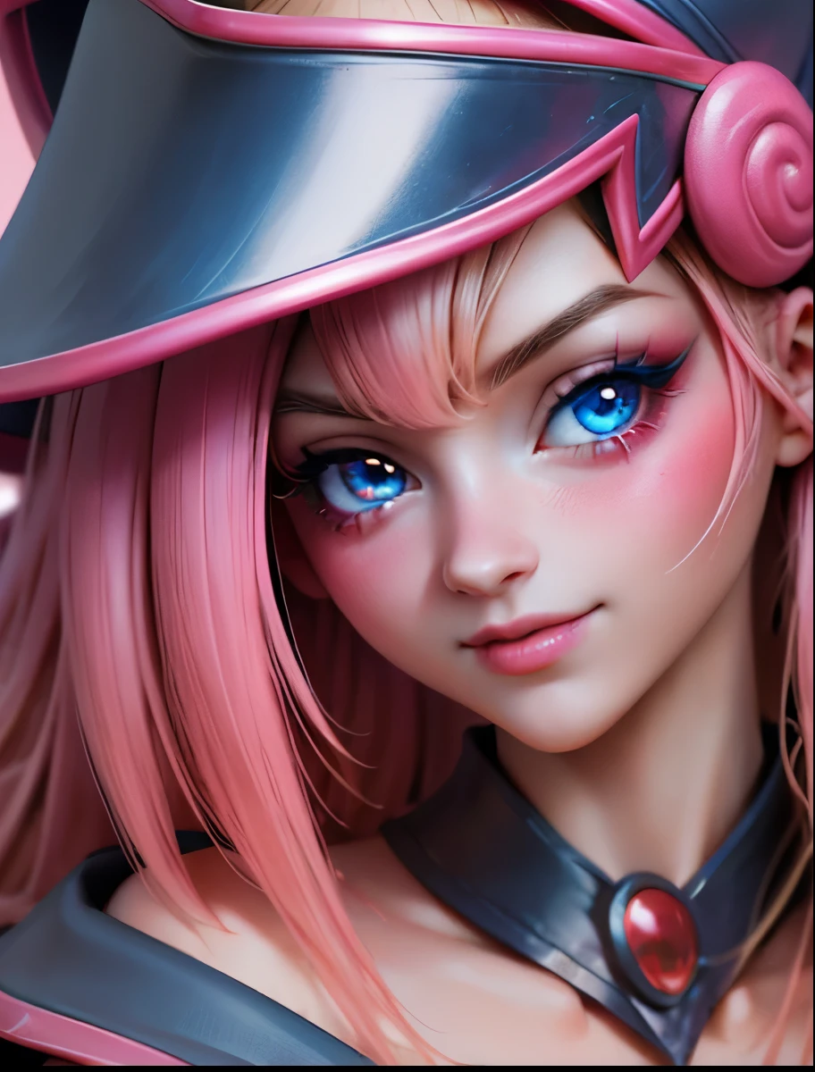 Create the beautiful face of dark magician gils. blue eyes. Extra long eyelashes. Thick Eyelashes. big eyelashes. pink lips. Tez blanca. blond hair. Tender girl smile. dark wizard gils