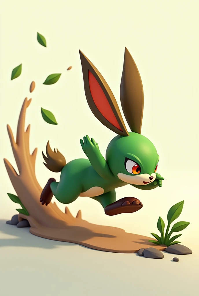 Create a 3D stylized design for 'Moss,' a rabbit-like creature with earth elemental powers, in a swift, evasive pose. The art style should be consistent with the modern, sleek design of the SOLMON logo, featuring bold lines and a vibrant green and brown color palette. Moss should be depicted mid-dash, with leaves and dirt trailing from its body as it executes a swift, evasive maneuver. The background should feature minimalistic digital earth and foliage elements, ensuring a clean, balanced, and visually engaging composition.