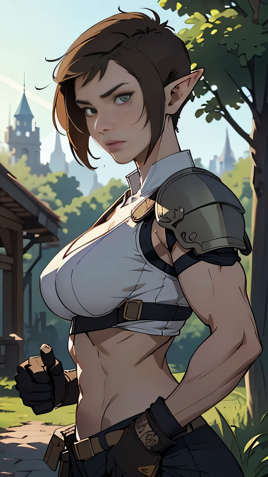 photo of mlp Meowko, RAW, beautiful woman, ((portrait)), ((detailed face:1.2)), ((anime face, anime facial feature, beautiful anime mouth, clear skin, clear skin), (short messy lesbian haircut, one shaved side, brunette: 1.55), (perfect proportioned body, Strong, muscular, narrow waist, narrow hips, skinny, large breasts), ((she wears a detailed tactical gear:1.1), (body armor:1.1), combat pants, gloves), detailed background, elvish garden, pavilion, elf city, (action shot, fighting), (realistic photo, best quality, detailed), (8k wallpaper), (cinematic lighting, beautiful light, (day:1.3)) (sharp focus, intricate)