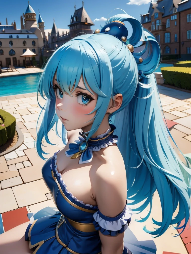 one girl, Aqua Konosuba,armor, Castle in the background