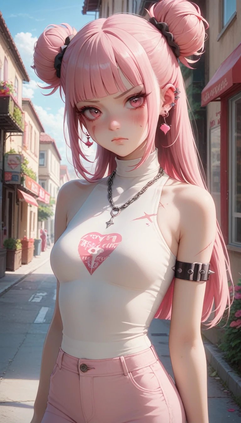 Masterpiece, Score_9, score_8_up, 8k, ultra-detailed, Ultra-high resolution, high-quality, 1girl, cute, scrunhie, perfect anatomy, pink hair, pink eyes, long hair, double bun haircut, blunt bangs, goth girl, scar, scar on face, blood on face, chain necklace, ear piercing, piercing, armlet, thighlet, small breasts, high neck neckline, pants, hot pants, cowboy shot, bare shoulders, annoyed, v-shaped eyebrows, blushing, closed mouth, sexy, standing up, standing