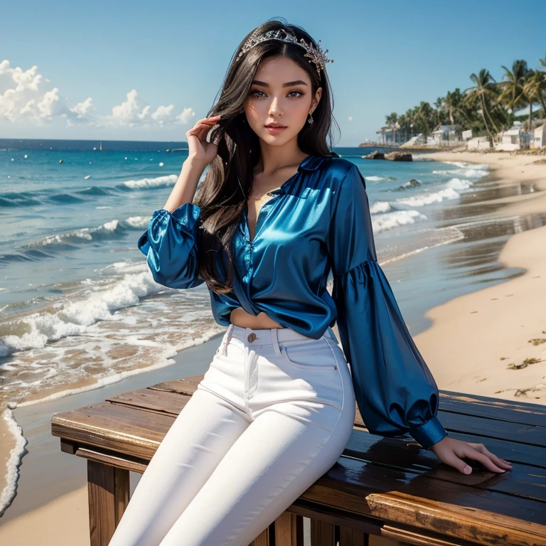 (masterpiece, best quality:1.5), highest quality, High resolution, super detailed, Realists, Full body photo of a black-haired 22-year-old woman, detailed and beautiful eyes, beautiful detailed lips, very detailed eyes and face, longeyelashes, 22 year old woman in a chiffon top, Beautiful and colorful makeup, elegant and noble々Pose,shiny satin headband,, Beach and sea as background, bright daylight, bright colors, fine brushstrokes, Portrait style, beautiful color palette, glowing skin, First-class rendering, that captures every detail, enchanting atmosphere, (perfect anatomy:1.2), (The stunning woman wears a satin shirt and long tight white jeans (magnificent panorama view:1.2)