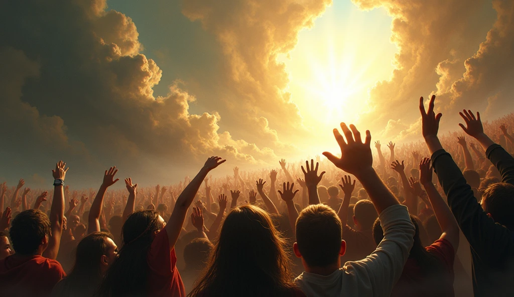 Create a powerful, emotionally charged image of desperate people trying to reach heaven. Show a motley crowd of individuals in a state of anguish and despair, reaching out or attempting to climb toward a bright, ethereal sky. Facial expressions should reflect a mix of hope, panic and determination. Heaven should be portrayed as a distant and unattainable destination, radiating light and a sense of divinity. The scene may include dramatic elements such as turbulent clouds, rays of light, and an environment that suggests an internal conflict or spiritual battle.
