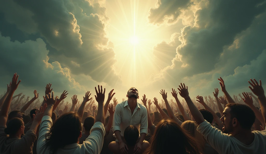 Create a powerful, emotionally charged image of desperate people trying to reach heaven. Show a motley crowd of individuals in a state of anguish and despair, reaching out or attempting to climb toward a bright, ethereal sky. Facial expressions should reflect a mix of hope, panic and determination. Heaven should be portrayed as a distant and unattainable destination, radiating light and a sense of divinity. The scene may include dramatic elements such as turbulent clouds, rays of light, and an environment that suggests an internal conflict or spiritual battle.