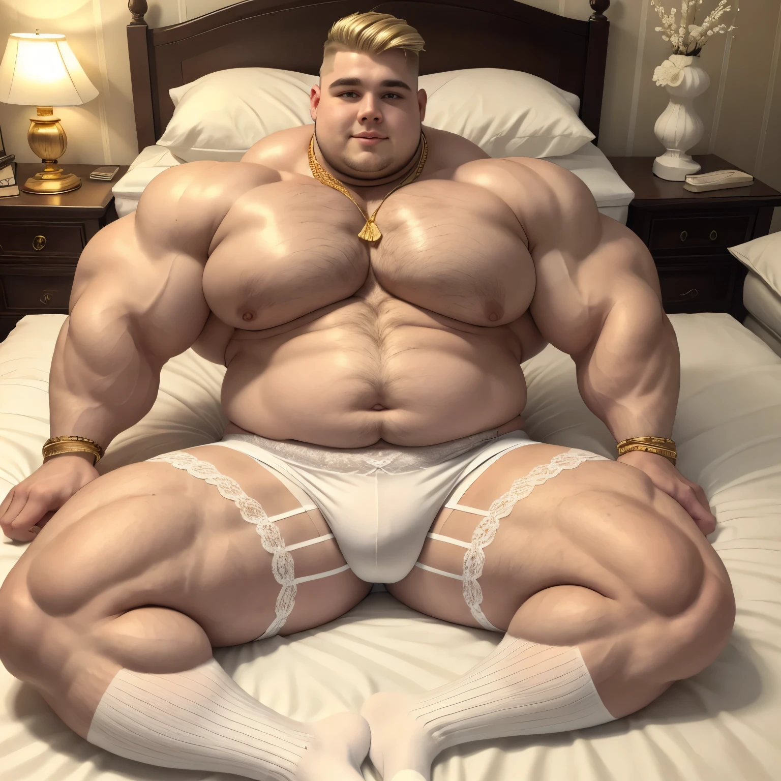 Photo of a 20-year-old obese young male pig, with a huge belly, blonde, with a clean undercut cut, wearing tight white lace shorts and white lace socks, lots of gold and diamond rings, bracelets, necklaces, sprawled on a wide and fluffy comforter in the luxurious room of his old mansion. His white lace socks should be visible