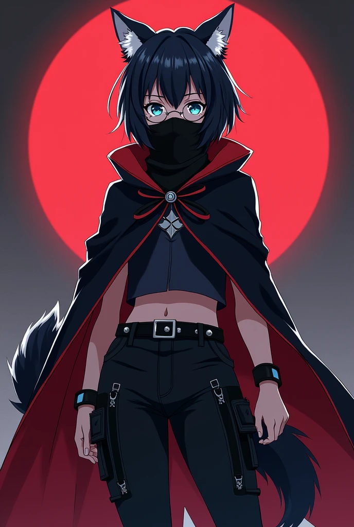 ((masterpiece, Anime)) Wolf girl, 24 years, long wolf's tail, female, Short black hair with white tips, handsome, slender, dark priest with balck and red open cloack, blue eyes, cultist, solo, one character, Long clothes. Black bandana covering the mouth and reinforced pants in colors that match the outfit. White armband, Sunglasses with round lenses on her nose.