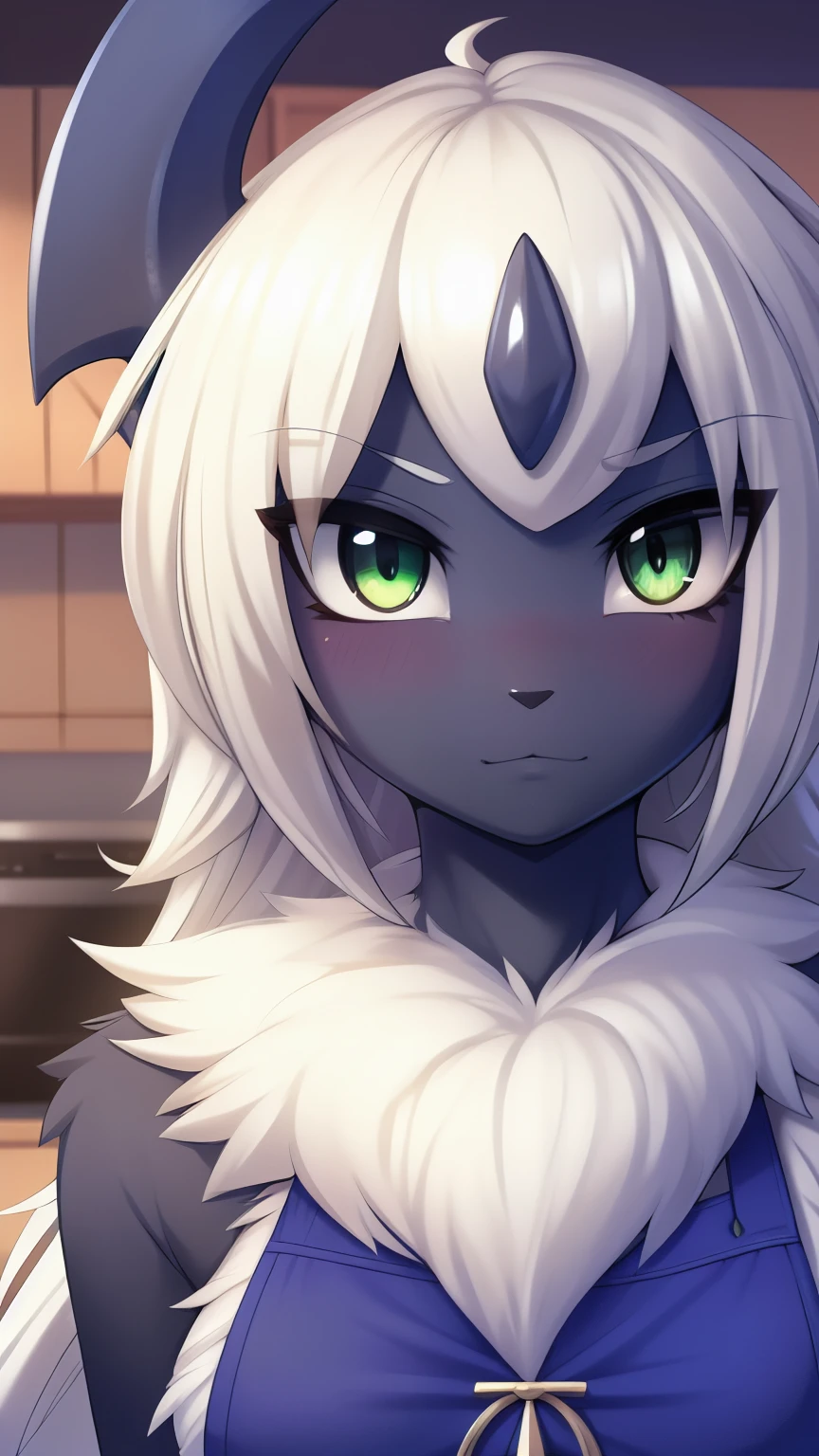 por zinfyu,by Twistedscarlet60, Uploaded on Pixiv, by fluff-kevlar, (masterpiece), (Best Quality), (solitary woman:1.2), (extremely detailed:1.3),(detailed eye,black circle in the eye,green eye), Absol, see in the viewer, close view, shy face, half body portrait, body and head only, close up, Wear a kitchen apron, medium chest, In the living room, perfect chest circle, adjusted watches, beautiful long white hair, beautiful hair,has eyebrows, Beautiful eyebrows, long eyebrows,